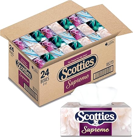 Scotties Supreme 3 Ply Soft & Strong Facial Tissue, Hypoallergenic and Dermatologist Tested, 24 Boxes, 81 Tissues per Box