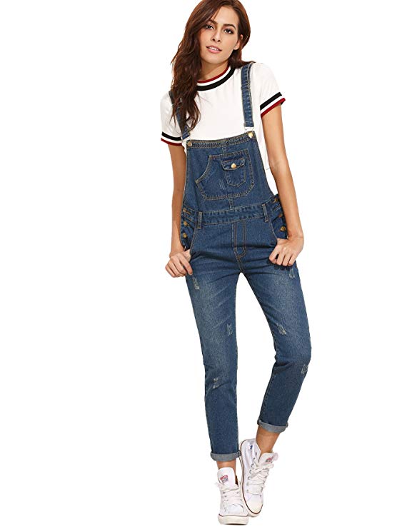 Verdusa Womens' Casual Adjustable Strap Ripped Denim Overalls Jumpsuit