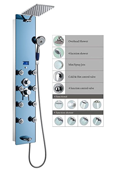 Blue Ocean 52” Stainless Steel SPS392H Shower Panel with Rainfall Shower Head, 8 Adjustable Nozzles, and Spout