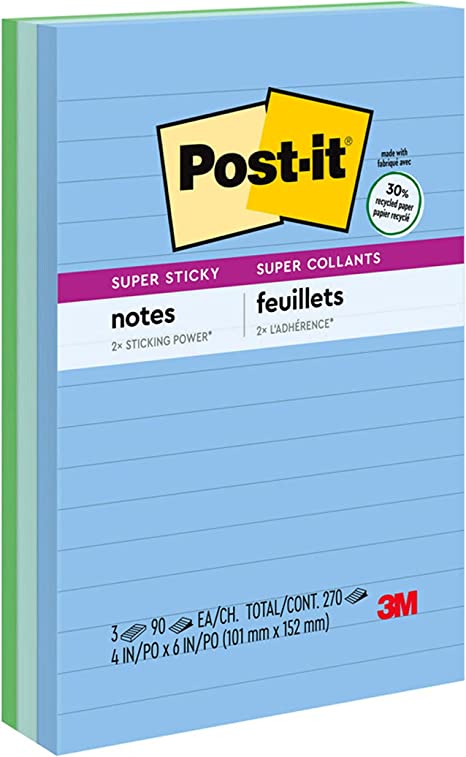 Post-it Super Sticky Recycled Notes, 4x6 in, 3 Pads, 2x the Sticking Power, Poptimistic, Bright Colors, 30% Recycled Paper (660-3SST)