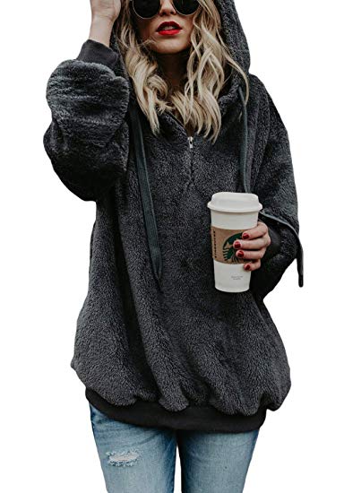 Dokotoo Womens Fuzzy Casual Loose Sweatshirt Hooded Pockets Outwear S-XXL