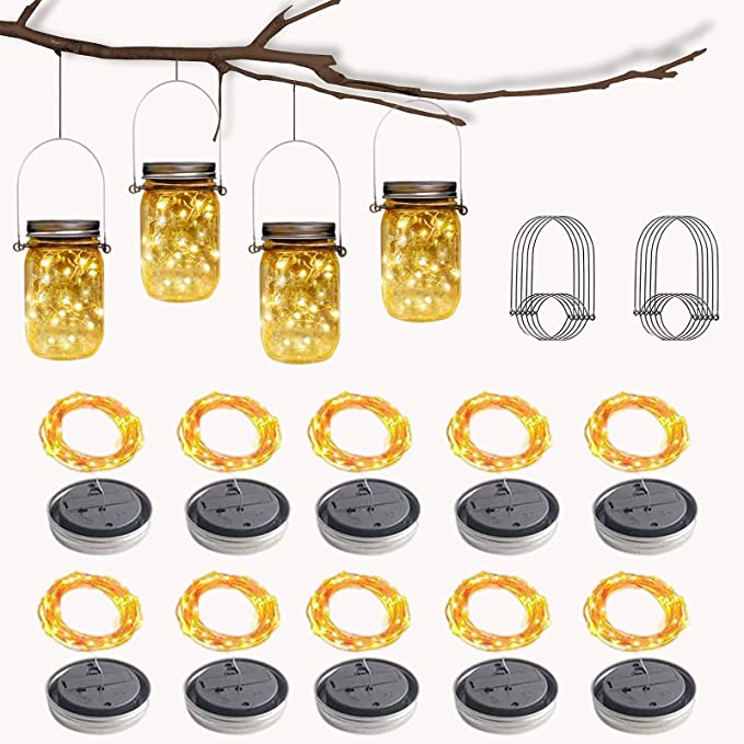10 Pack 30 LED Solar Mason Jar Lid String Lights,Fairy Lights Including 10 Pcs Hangers,for Indoor Outdoor Wedding Patio Garden Party Decorations Gift(No Jars) (Warm White)