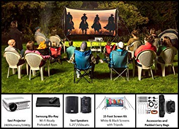 Recreation Series System | 15’ Front and Rear Projection Screen with Savi 1080p HD Projector, Surround Sound System & Blu-Ray Player w/WiFi (EZ-600)