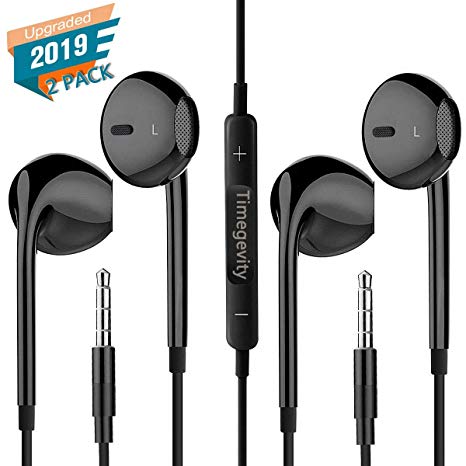Timegevity Headphones/Earphones/Earbuds,3.5mm aux Wired Headphones Noise Isolating Earphones Built-in Microphone & Volume Control Compatible iPhone iPod iPad Samsung/Android/MP3 MP4 (2PACK)(Black)