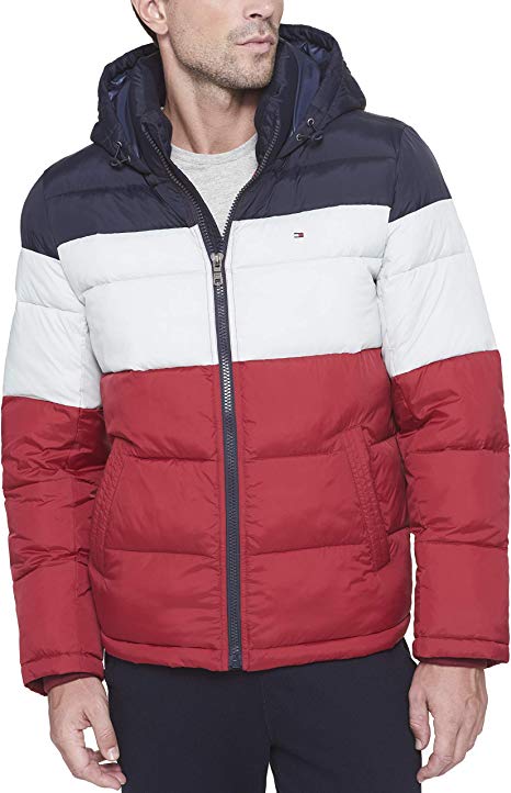 Tommy Hilfiger Men's Classic Hooded Puffer Jacket (Regular and Big & Tall Sizes), Midnight/White/Red, 4XT