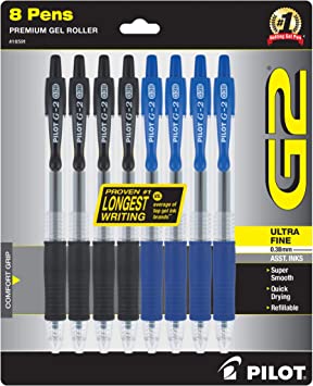 PILOT Pen 16591 G2 Premium Refillable And Retractable Gel Ink Pens, Ultra Fine Point (0.38mm), Black and Blue, 8 Count