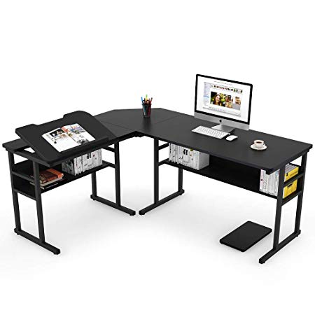 Tribesigns Modern L-Shaped Desk with Bookshelf, 67" Double Corner Computer Office Desk Workstation Drafting Drawing Table with Tiltable Tabletop for Home Office (Black)
