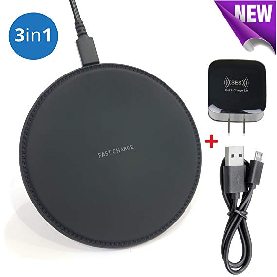 Wireless Charger, Qi Wireless Fast Charging Pad Station Mat 10W Compatible iPhone X XS XR MAX 8 Plus Samsung Galaxy S9 S8 S7 Note 9 8 5 Nexus Droid HTC LG G6 G7 2A QC 3.0 AC Adapter Included Circle