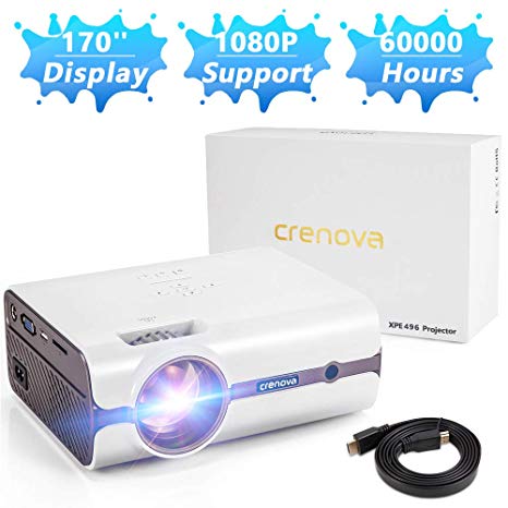 Crenova Upgraded (+80% Lumens) LED Portable Projector with Carrying Box, 1080P Supported HD Home Projector, Video Projector, Compatible with Fire TV Stick, HDMI, VGA, USB, TF, iPhone, iPad