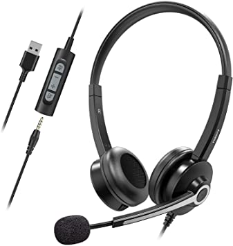 Nulaxy USB Headset with Microphone, 3.5mm Jack Headphones with Noise Cancelling Microphone, Inline Control, Lightweight Business Headset, PC Headset for Skype, Webinar, Office, Classroom, Home