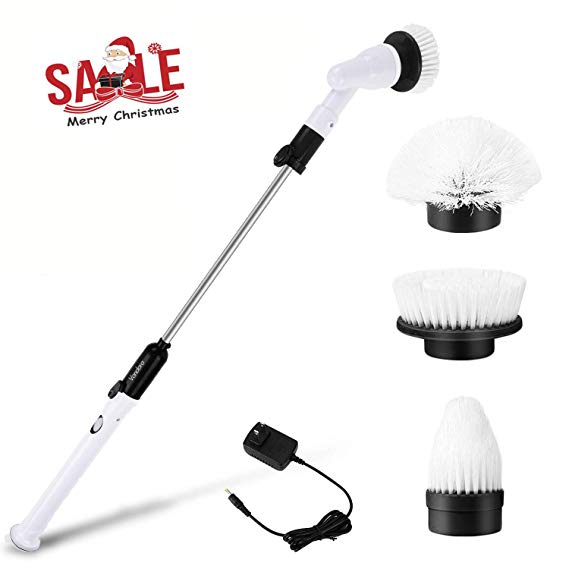 VANDORA Electric Spin Scrubber, 360 Cordless Rechargeable Tub and Tile Scrubber with 3 Replaceable Cleaning Brush Heads, Extension Handle and Adapter for Bathroom, Kitchen, Floor