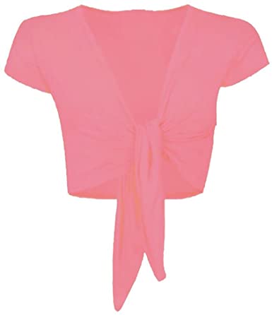 New Womens Plain Cap Short Sleeve Tie Up Front Bolero Shrug Cropped Cardigan Top