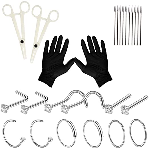 Nose Piercing Kit, SOTICA Piercing Kit with 18G 20G Stainless Steel Piercing Needle Kit Professional Body Piercing Kit With Piercing Clamps Jewelry for Nose Piercing Supplies