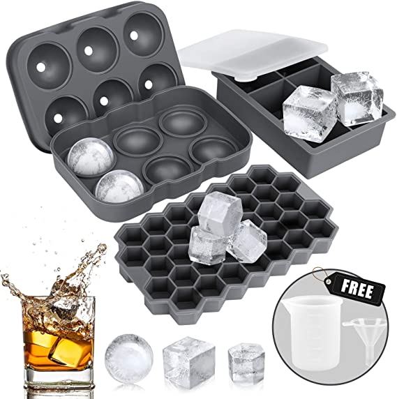 Ice Cube Tray, AiBast Ice Trays for Freezer With Lid, 3 Pack Silicone Large Round Ice Cube Tray, Sphere Square Honeycomb Ice Trays for Whiskey With Covers&Funnel,Reusable Whiskey Ice Ball Mold Grey