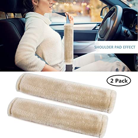 Moonet Auto Seat Belt Shoulder Pad, Soft Faux Sheepskin Wool Universal Seatbelt Cover for More Comfortable Driving,Multipurpose for Handbag Carmera Backpack Straps,2pc（Beige）