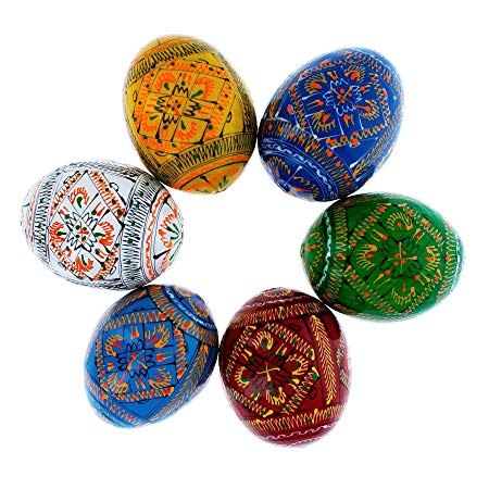 BestPysanky Set of 6 Geometric Ukrainian Pysanky Wooden Easter Eggs 2.25 Inches