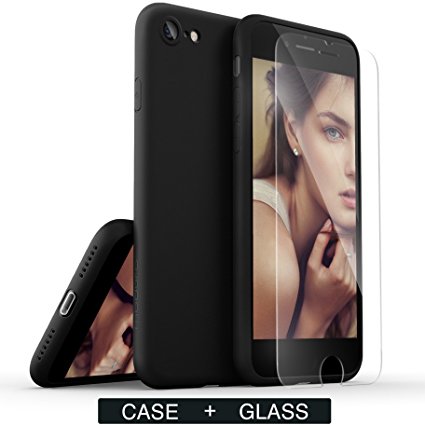 [2 in 1] iPhone 7 Case with Tempered Glass Screen Protector, Moduro [MINIMALIST SERIES] Full Coverage Ultra Slim [1.0mm] Flexible TPU Skin Case for iPhone 7 [Eco Packaging] [Matte Black]