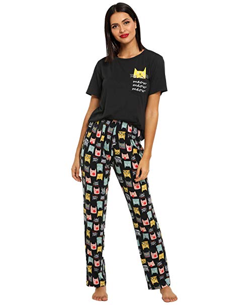 DIDK Women's Kitty Cat Print Tee and Polka Dot Pants Pajama Set