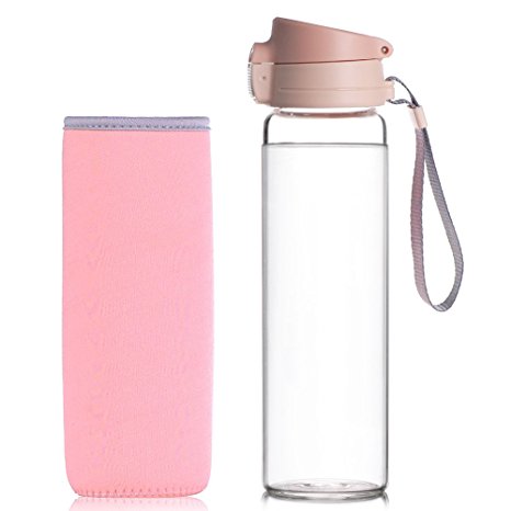 Reeho® 17 oz BPA-Free Borosilicate Glass Water Bottle With Protective Neoprene Sleeve and Strap, Sport Bottles for Hiking, Gym, Running [One Click Open] (Pink, 17oz)