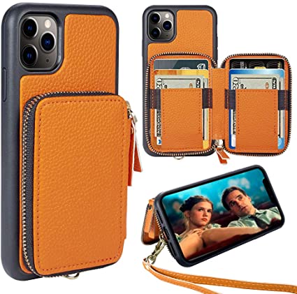 iPhone 11 Pro Wallet Case,ZVE iPhone 11 pro Case with Credit Card Holder Zipper Wallet Case with Wrist Strap Protective Purse Leather Case Cover for Apple iPhone 11 Pro 2019 5.8" - Vibrant Orange