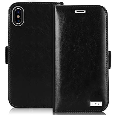 FYY Case for iPhone Xs Max (6.5") 2018, [RFID Blocking] [Kickstand Feature] Premium Leather Handmade Wallet Case with Card Slots Pockets for iPhone Xs Max (6.5") 2018 Black