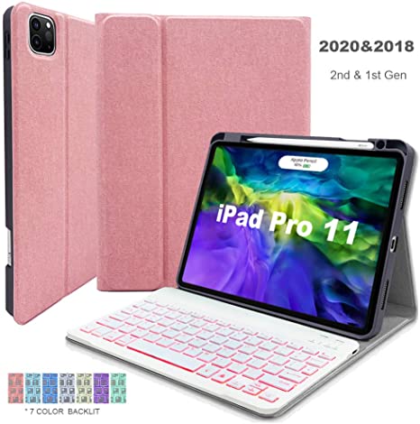 New iPad Pro 11 Case 2020/2018 with Keyboard,7 Color Backlit Detachable Bluetooth Keyboard for iPad Pro 11,iPad Pro 11 Inch Case with Pencil Holder Support Charging(Rose Gold)
