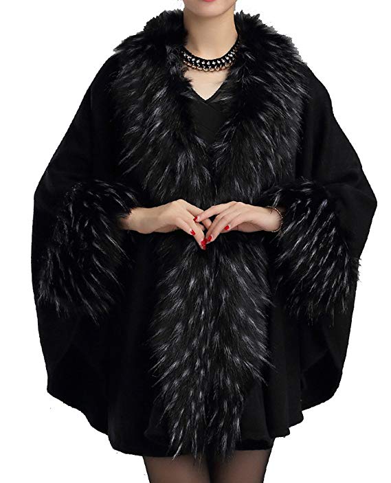 Helan Women's Fashion Luxury Pure Color Faux Fur Cape Coat