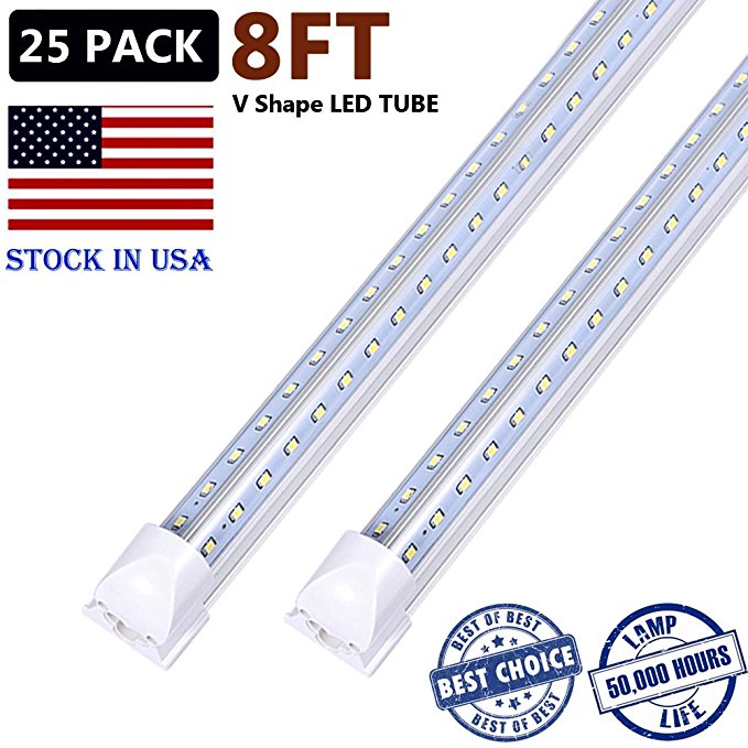 LED Tube Lights, Integrated LED Tubes 8FT 65W, Double Side V Shape 270 Degree Integrated Lighting Tubes, T8 LED Shop Tube Lights, 6000K, Plug and Play, No Ballast, Clear Cover - Pack of 25 Units