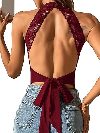 Milumia Women's Ribbed Contrast Lace Knot Backless Halter Tops Sleeveless Bodysuit
