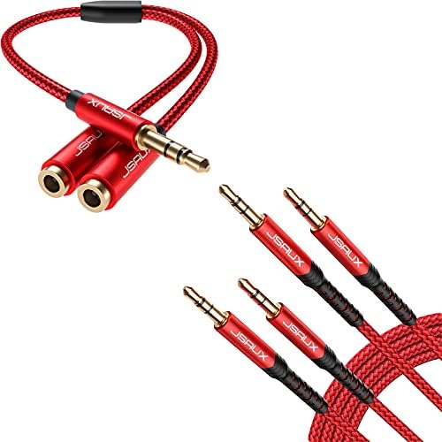 JSAUX Headphone Splitter and AUX Cable [4ft/2Pack- Copper Shell, Hi-Fi Sound] 3.5mm TRS Auxiliary Audio Cable