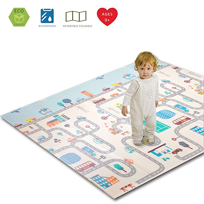 INFANTRAIN Baby Play Mat Foldable Kids Playmat Infants Reversible Crawling Mat Toddlers Foam Play Mat Non-Toxic 78.7"x59"x0.4"