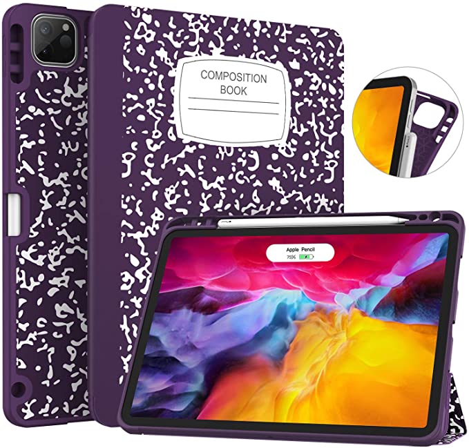 Soke New iPad Pro 11 Case 2020 & 2018 with Pencil Holder - [Full Body Protection   Apple Pencil Charging   Auto Wake/Sleep], Soft TPU Back Cover for 2020 iPad Pro 11 inch(Book Purple)