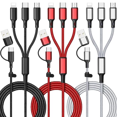 6 in 1 Multi Charging Cable [3Pack 4FT] Multi Charger Cable Nylon Braided Multi Fast Charging Cord USB A/C to Phone USB C/Micro USB/i-P Connector Universal Multiple Phone Charger Cable for Cell Phones