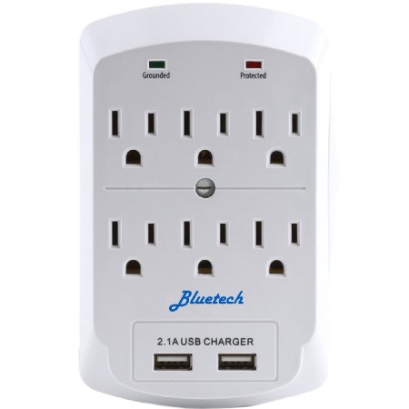 Surge Protector Electronics Charging Station 6 Outlet 2 USB Port Wall Adapter with Safety Indicator Lights - White - By Bluetech
