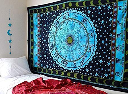 Bless International Indian Hippie Bohemian Horoscope Zodiac Mandala Wall Hanging Twin Size Meditation Psychedelic Tapestry (Blue)