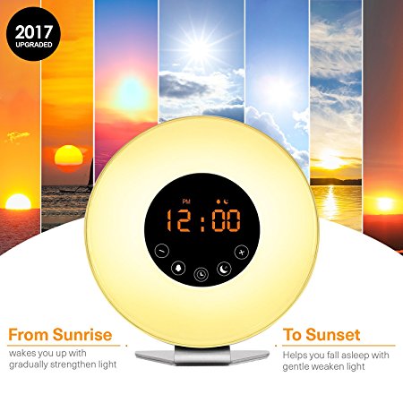 Wake Up Light Sunrise Digital Alarm Clock [Upgraded Version] Sunset Simulation Alarm Clock Radio with 6 Natural Sounds and FM Radio, 7 Auto Switch Colors for Heavy Sleepers Bedside, Adults kids
