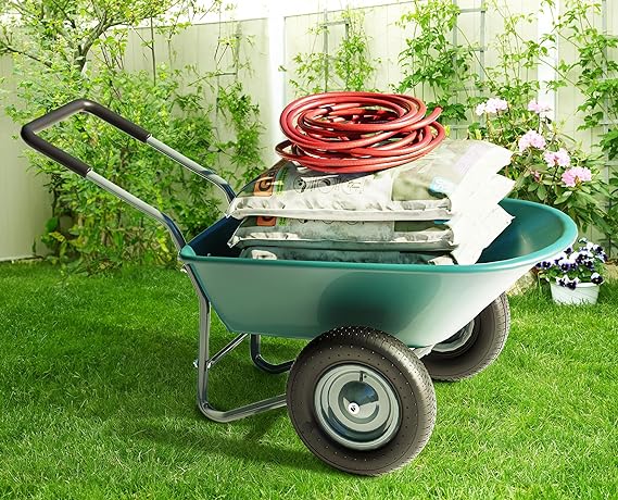 IDZO 2 Wheel Wheelbarrow, 330 Pounds Capacity Yard Cart with Padded Handlebar, 14 Inch Pneumatic Tires for High Stability, Ideal for Moving Soil, Plant Shrub, Gardening Tool, Easy Assembly