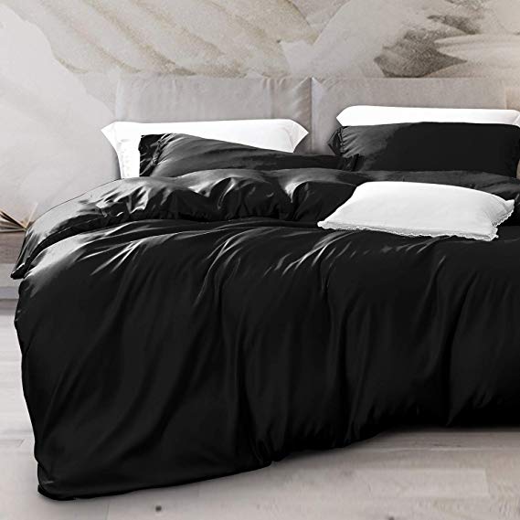 NTBAY 3 Pieces Silky Satin Duvet Cover Set Solid Color, Ultra Luxury and Soft, Hidden Zipper Design (Black, Queen)