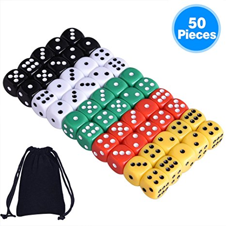 Austor 50 Pieces 6- Sided Dice Set, 5 x 10 Different Colors 16mm Acrylic Dice with Free Velvet Pouches for Tenzi, Farkle, Yahtzee, Bunco or Teaching Math