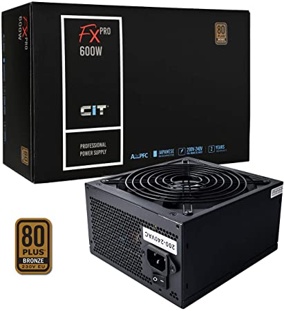 CiT FX Pro 600W Power Supply (No Power Cable inc.), Non Modular, APFC, Japanese Tk Main Capacitor, 80 Plus Bronze, 88% Efficiency, 14cm Cooling Fan, For Pro Gamers | Black