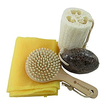 Missamé Exfoliating Skin Towel, Pumice Stone For Feet, Natural Loofah Sponge and Shower Paddle Brush, 4pcs Bundle Gift Set for Men or Women