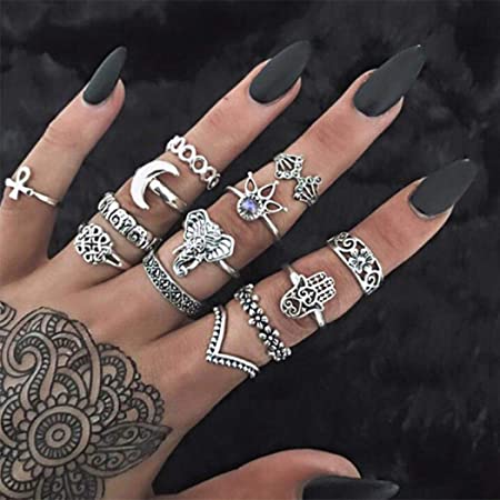 Aukmla Boho Knuckle Ring Sets Silver Stackable Finger Rings Elephant Midi Size Joint Rings Hand Accessories for Women and Girls 13PCS