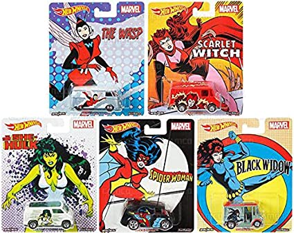 Hot Wheels 2017 Pop Culture Marvel Series Set of 5 Premium Adult Collectible Diecast Cars Scarlet Witch, Black Widow, The Wasp, She Hulk, Spider Woman