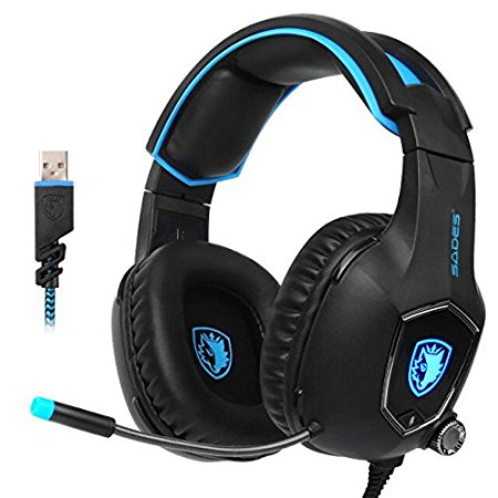 SADES R13 USB Gaming headset 2017 New Update Gaming Headset USB Wired PC Gaming Headset Over Ear Gaming Headphones with Mic Revolution Volume Control Noise Canceling LED Light PC Mac(BlackBlue)