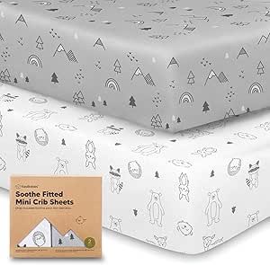 2-Pack Mini Crib Sheets Fitted, Pack and Play Sheets - Organic Cotton Pack N Play Sheets for Pack and Play Mattress, Playard Baby Crib Sheets, Jersey Crib Sheets Neutral for Boys, Girls (Woodland)