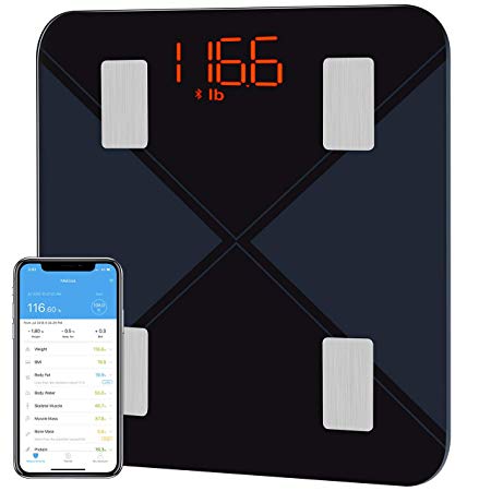 Bluetooth Body Fat Scale, TopElek Digital BMI Weight Scale with Backlit LED Display, Smart Wireless Bathroom Body Composition Scale with Mobile App for Fat, Muscle Mass, Bone Mass, Water, 6.6~400l