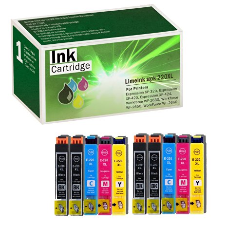 Limeink 10 Pack Remanufactured 220XL 220 XL Ink Cartridges (4 Black, 2 Cyan, 2 Magenta, 2 Yellow) Color Set Use for Epson Expression XP-320 420 424 WorkForce WF-2630 WF-2650 WF-2660 Series Printers