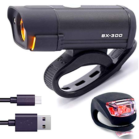 POWERFUL BX-300 CREE XP-G2 Bike Light Set USB Rechargeable Front Headlight w/Amber Side Alert   Bonus Free Rear LED Bike Light For Adults Men Women Kids Front & Back Road Cycling Bicycle Safety Lights