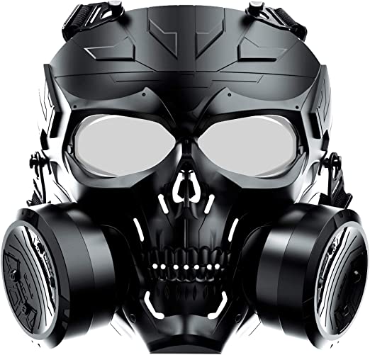 VILONG Airsoft Tactical Protective Mask, Full Face Eye Protection Skull Dummy Game Mask with Dual Filter Fans Adjustable Strap for BB Gun CS Cosplay(No Batteries)