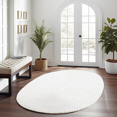 Super Area Rugs White Braided Rug Country Living Room/Bedroom Braided Rugs - Durable Primitive Rug - Oval 5' X 8'